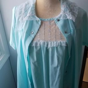 2 Pc Vintage Katz Nightgown & Matching Housecoat Teal Lace Trim Size Small 70s